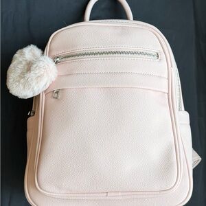Blush Pink Faux Leather Backpack with Pom Pom
